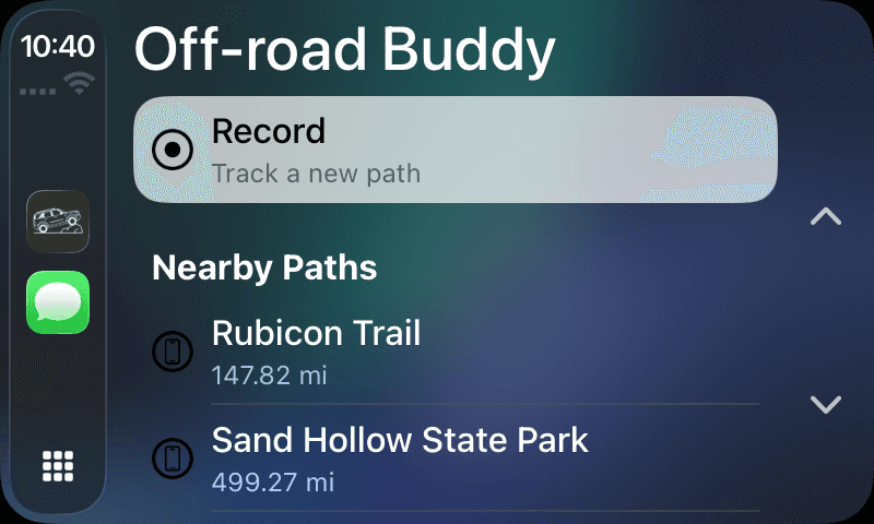CarPlay interface showing Record option and nearby trails list
