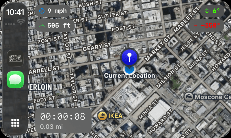 CarPlay navigation map showing live path recording in progress