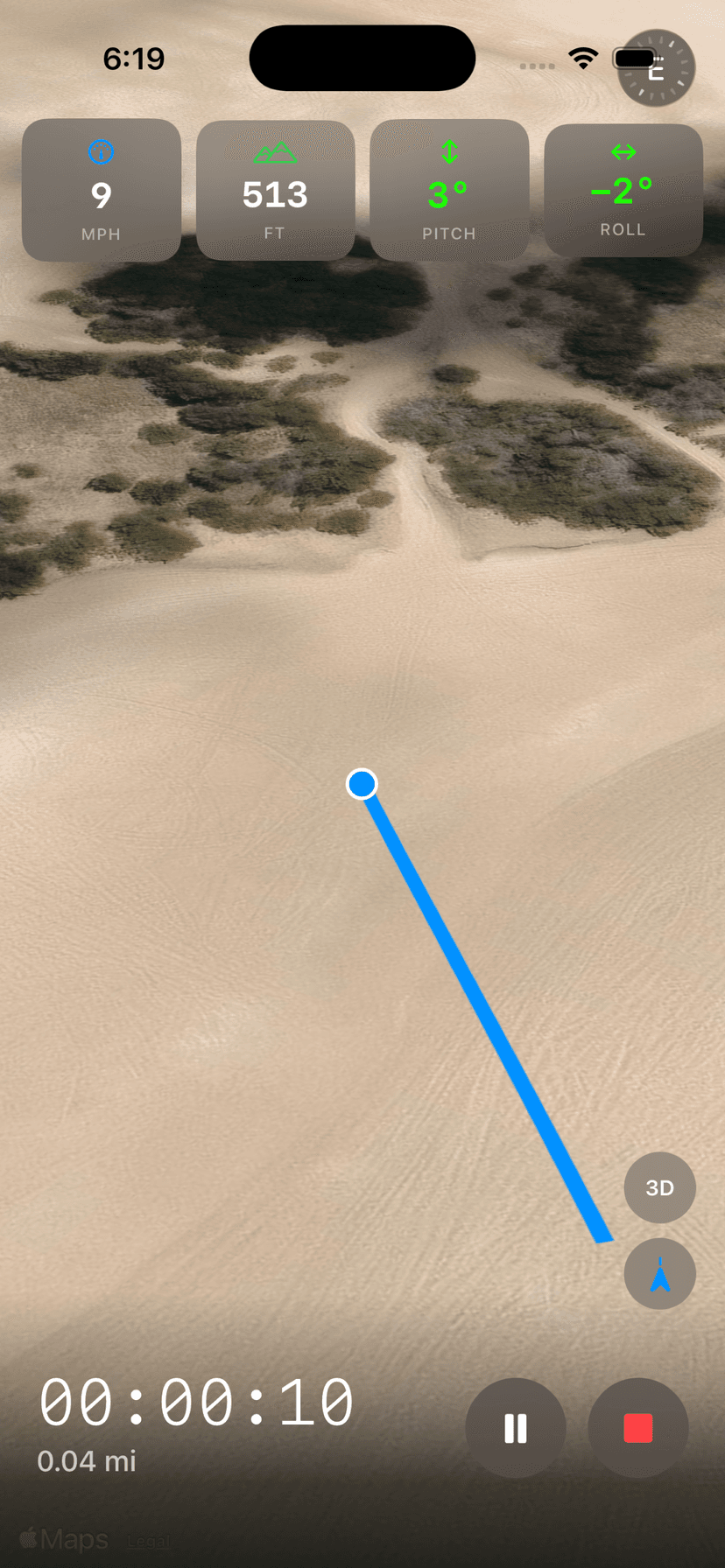 Live telemetry recording — pitch, roll, speed, altitude